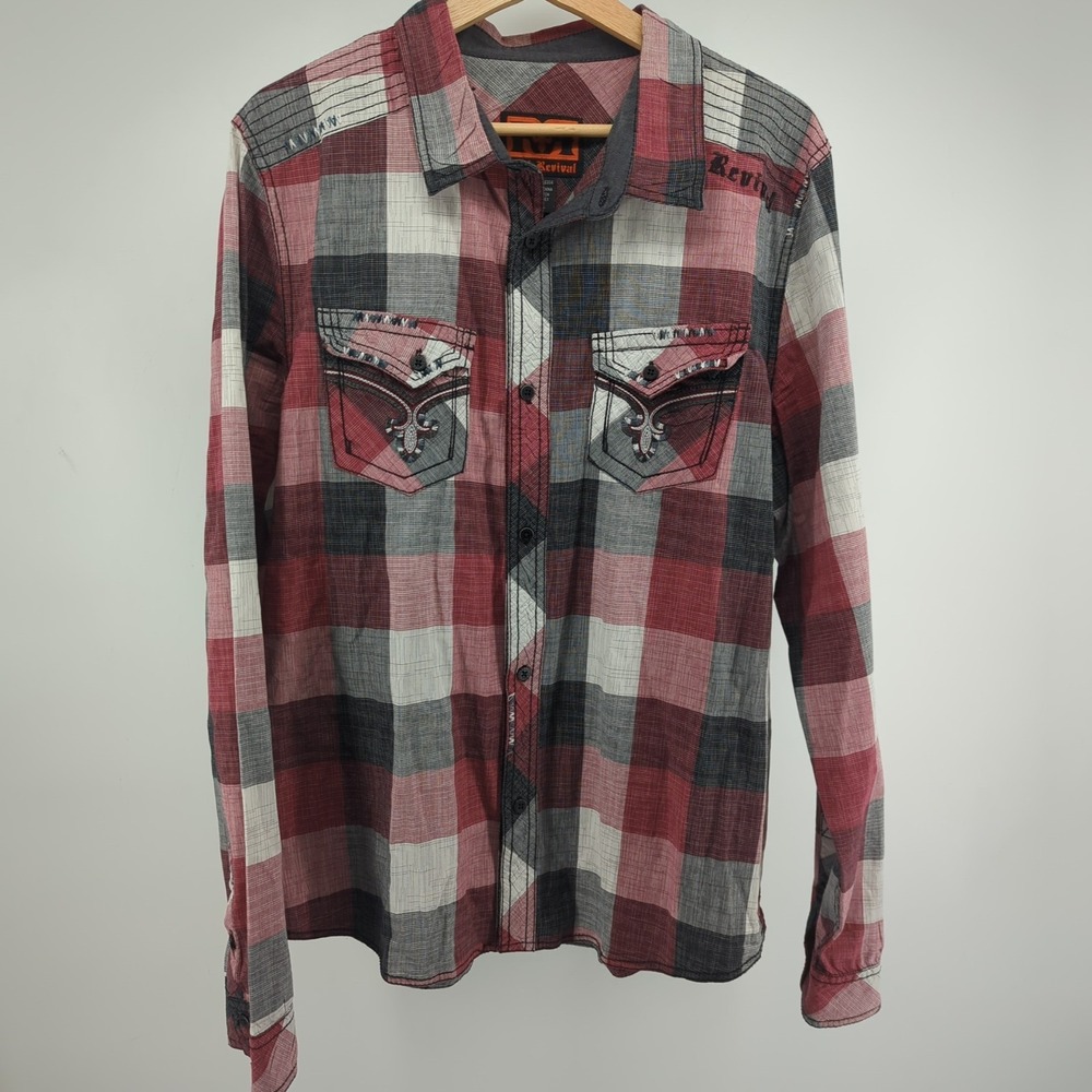 Rock Revival Western Shirt Mens Large Red Plaid Embroidered Designer Button Up - Picture 2 of 9